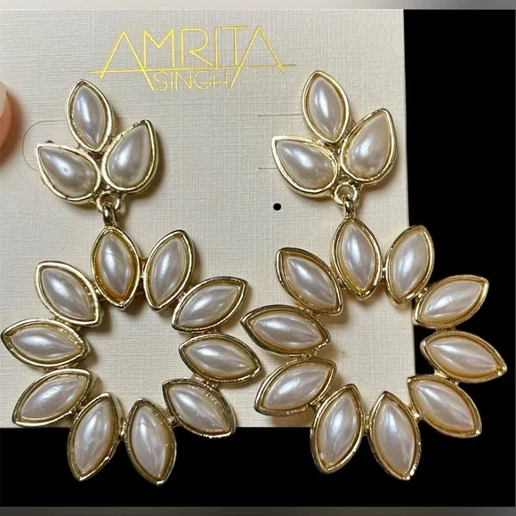 Amrita Singh Gold-Tone Pearl Petal Hoop Drop Earrings ~ Rare Pearl Version - Picture 4 of 6